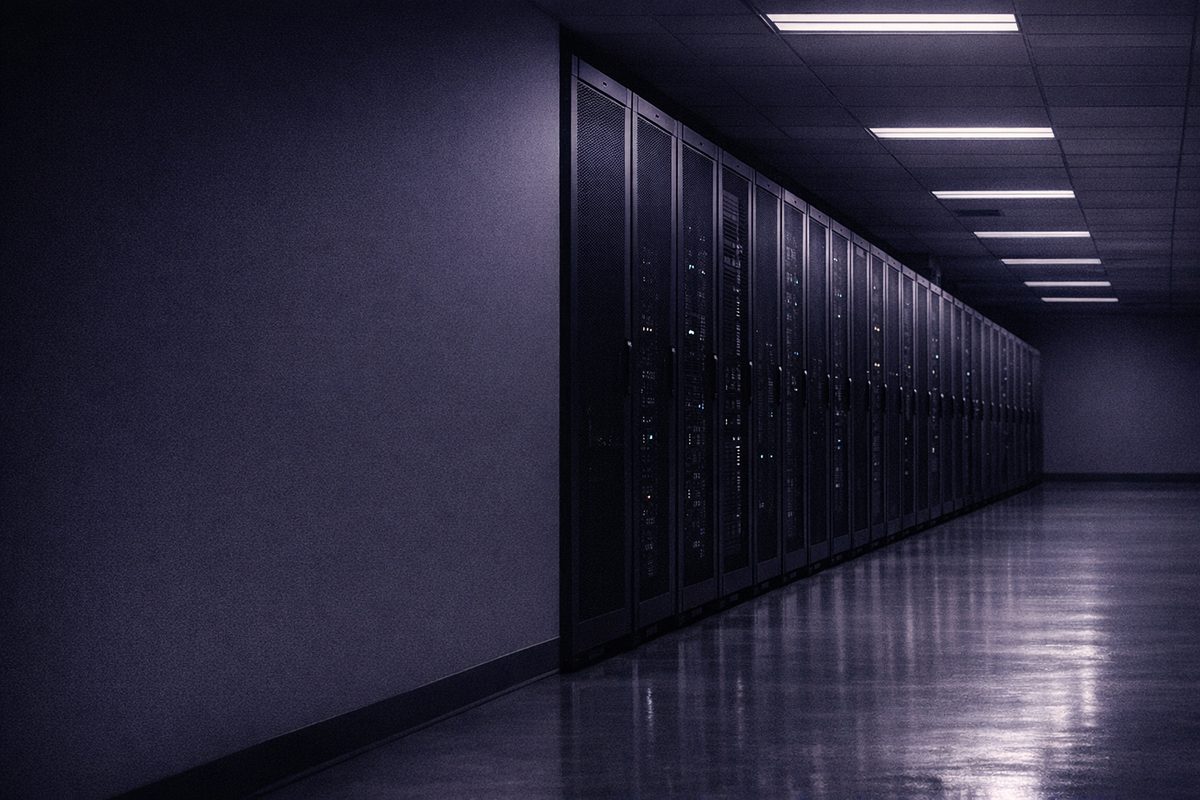 A row of server cabinets in a data centre aisle, lit from above
