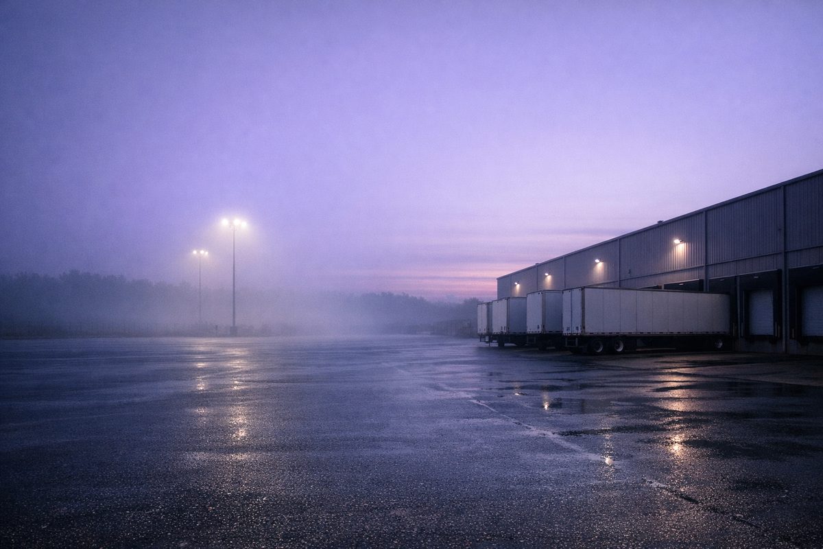 A logistics yard at dawn with trucks lined up at the loading dock