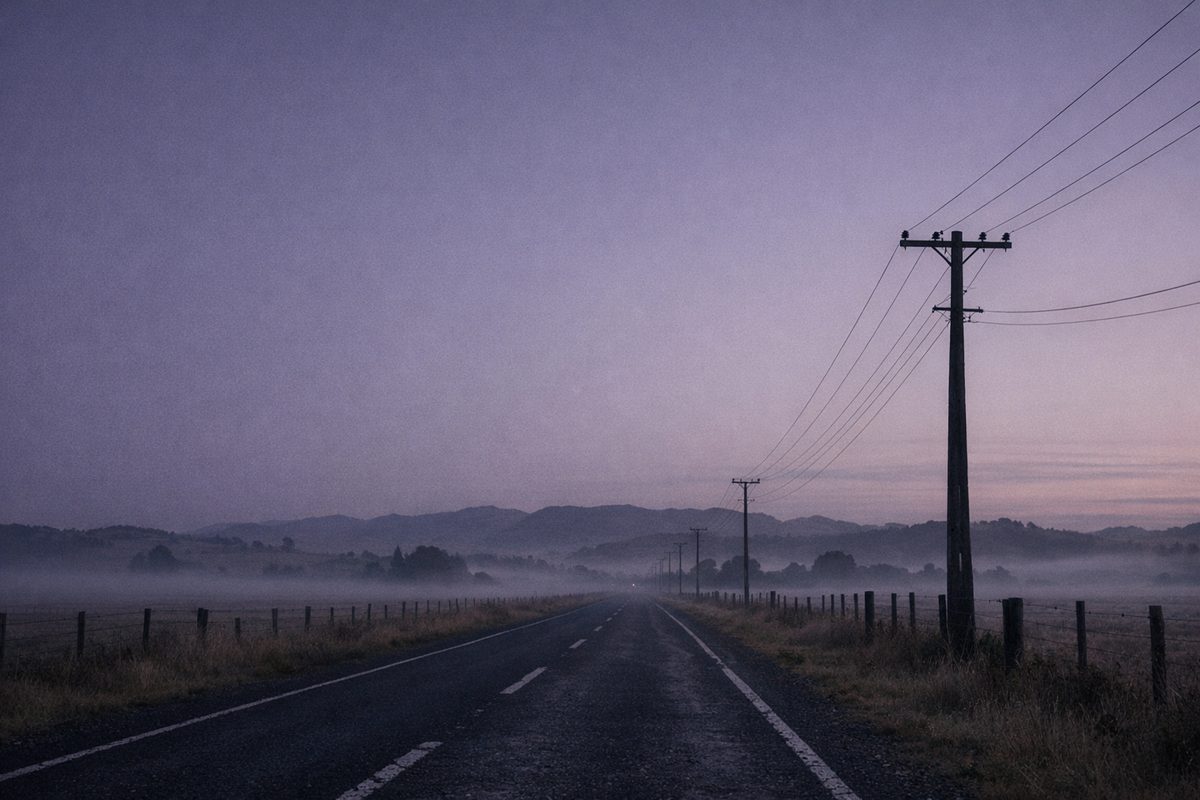 A country road at dawn with mist over the paddocks and a single utility pole