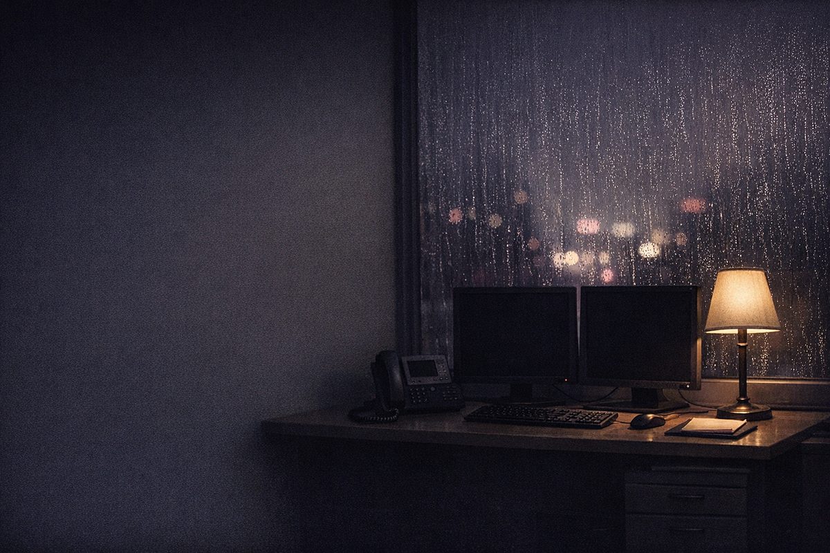 An IT service desk at night with two switched-off monitors, a desk phone and a lamp, rain on the window